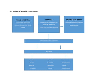 1.1.1 Análisis de recursos y capacidades
VENTAJA COMPETITIVA
Capacidad de producción
Proceso de producción de alta
calidad
ESTRATEGIA
Contar con un Sistema que me
ayude ver mis ventas
Contar con tecnología adecuada
FACTORES CLAVE DE ÉXITO
Proceso del producto ordenado
La digitalización
CAPACIDADES ORGANIZATIVAS
RECURSOS
Tangibles intangibles humanos
Equipos la patente capacitaciones
Vehículo tecnología valores
Inmuebles cultura conocimiento
 
