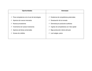 Oportunidades Amenazas
 Poca competencia con el uso de tecnologías
 Apertura de nuevos mercados
 Nuevos proveedores
 Incremento de nuevas inversiones
 Apertura de ferias comerciales
 Acceso de créditos
 Existencia de competidores potenciales
 Devaluación de la moneda
 Demanda por productos sustitutos
 Ingreso de competidores con más capital
 Baja producción interna del país
 Las huelgas, paros
 