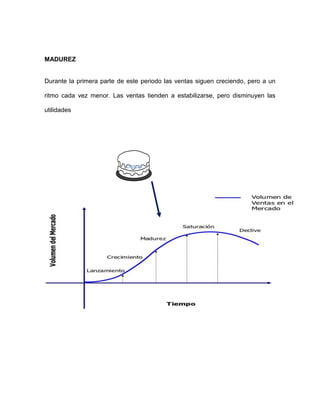 MADUREZ
Durante la primera parte de este periodo las ventas siguen creciendo, pero a un
ritmo cada vez menor. Las ventas tienden a estabilizarse, pero disminuyen las
utilidades
 