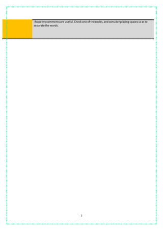 7
I hope mycommentsare useful.Checkone of the codes,andconsiderplacingspacessoasto
separate the words.
 