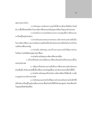 29

คณะกรรมการต่างๆ
5.2 สนับ สนุ น และมีม าตรการจูง ใจทั้งด้า นภาษีและสิ ท ธิ ป ระโยชน์
ต่างๆ เพื่อให้เอกชนเข้ามาร่ วมการจัดการศึกษาและสนับสนุนการศึกษาในทุกระดับ/ประเภท
5.3 ส่ ง เสริ ม การระดมทรั พ ยากรและการลงทุ น เพื่ อ การศึ ก ษาและ
การเรี ยนรู ้ในรู ปแบบต่างๆ
5.4 ส่ ง เสริ ม บทบาทของภาคเอกชน องค์ก รปกครองส่ ว นท้อ งถิ่ น
ในการจัดการศึ กษา และการเตรี ยมความพร้ อมให้องค์กรปกครองส่ วนท้องถิ่ นในการรับโอน
งานด้านการศึกษาจากรัฐ
5.5 ส่ ง เสริ ม สนับ สนุ น และสร้ า งความตระหนัก ให้ ทุ ก ภาคส่ ว น
ในสังคม ร่ วมรับผิดชอบคุณภาพการศึกษา
5.6 ส่ งเสริ ม สนับสนุนการจัดการศึกษาทางเลือก
6. สร้ างเครื อข่ายความร่ วมมือทางการศึกษากับองค์กรหรื อหน่ วยงานทั้งใน
และต่างประเทศ
6.1 พัฒนาเครื อข่า ยความร่ วมมื อด้า นการศึ ก ษาขององค์ก รปกครอง
ส่ วนท้องถิ่น สํานักงานเขตพื้นที่การศึกษา สถาบันอุดมศึกษา สถาบัน/หน่วยงานอื่นในพื้นที่
6.2 ส่ งเสริ ม สนับสนุนเครื อข่ายในการจัดการศึกษาให้เข้มแข็ง รวมทั้ง
การบูรณาการการทํางานร่ วมกัน
6.3 สนับ สนุ นและส่ งเสริ มให้ทุก ภาคส่ วนของสัง คมร่ วมกันจัดให้มี
เครื อข่ายการเรี ยนรู ้ในรู ปแบบที่หลากหลาย เชื่อมโยงกับวิถีชีวิตจริ งของชุ มชน โดยอาศัยกลไก
ในชุมชนเป็ นตัวขับเคลื่อน

 
