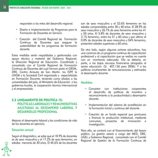 34 PROYECTO EDUCATIVO REGIONAL REGION SAN MARTIN 2005 - 2021 
respondan a los retos del desarrollo regional. 
• Diseño e implementación de Programas para la 
Formación de Docentes en Servicio. 
• Creación del Comité Regional de Formación 
Continua de Docentes que asegure la 
sostenibilidad de los programas de formación 
docente. 
Estas medidas serán respaldadas y gestionadas con 
apoyo técnico y material del Gobierno Regional, 
la Dirección Regional de Educación. Coordinado y 
concertado con el Comité Regional de Formación 
Continua de Docentes del cual forman parte el GRSM, 
DRE, Centro Amauta de San Martín. los ISPP, la 
UNSM y la Sociedad Civil organizada y especializada 
en Formación Docente, teniendo como aliados a las 
universidades del país, al Ministerio de Educación o los 
gobiernos locales, la cooperación técnica internacional 
y el empresariado. 
5.2 Lineamiento de Política 15: 
Políticas laborales y remunerativas 
ajustadas al desempeño laboral y 
desarrollo profesional 
Mejorar el desempeño laboral y las condiciones de vida 
de los docentes en ejercicio. 
Situación actual: 
Según el diagnóstico, se sabe que el 18.9% de docentes 
es de sexo masculino y el 17.2% de sexo femenino, en 
edades menores de 30 años. El 45.6% de los docentes 
son de sexo masculino y el 52.6% femenino en las 
edades comprendidas entre 30 y 40 años. El 28.9% de 
sexo masculino y 26.7% de sexo femenino entre los 41 
y 50 años. El 5.8% de docentes de sexo masculino y 
3.1% femenino, entre los 51 y 60 años y por último el 
0.8% de docentes de sexo masculino y 04% femenino, 
presentan edades superiores a 60 años. 
De otro lado, según algunos actores educativos, hay 
una carencia de un programa continuo de capacitación 
profesional y al capacitación que se realiza no cuenta 
con un monitoreo adecuado. Ello se debería, en 
parte, a los bajos recursos financieros otorgados al 
sector educación. (S/. 407,136 para 2006). Y a las 
políticas incoherentes de remuneraciones y estimados 
al desempeño docente. 
Medidas: 
• Concertar con instituciones cooperantes 
el desarrollo de políticas de incentivo y 
reconocimiento a la productividad y desempeño 
docente. 
• Implementación del sistema de acreditación en 
la formación inicial y continua del docente. 
• Creación de un fondo especial que promueva 
y financie la producción intelectual, mediante 
concursos, proyectos de innovación e 
investigación. 
Para ello, se contará con el financiamiento del tesoro 
público. La gestión estará a cargo del MED, DRE, 
UGEL y Gobierno Regional, concertado con el Comité 
Regional de Gestión de la Formación Continua de 
 