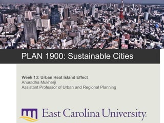 PLAN 1900: Sustainable Cities
Week 13: Urban Heat Island Effect
Anuradha Mukherji
Assistant Professor of Urban and Regional Planning
 