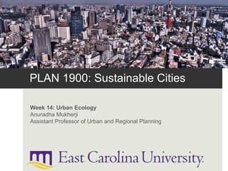 PLAN 1900: Sustainable Cities
Week 14: Urban Ecology
Anuradha Mukherji
Assistant Professor of Urban and Regional Planning
 