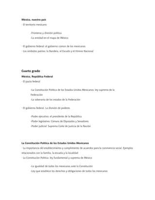 México, nuestro país
· El territorio mexicano
-Fronteras y división política
-La entidad en el mapa de México
· El gobierno federal: el gobierno común de los mexicanos
· Los símbolos patrios: la Bandera, el Escudo y el Himno Nacional
Cuarto grado
México, República Federal
· El pacto federal
-La Constitución Política de los Estados Unidos Mexicanos: ley suprema de la
Federación
-La soberanía de los estados de la Federación
· El gobierno federal. La división de poderes
-Poder ejecutivo: el presidente de la República
-Poder legislativo: Cámara de Diputados y Senadores
-Poder judicial: Suprema Corte de Justicia de la Nación
La Constitución Política de los Estados Unidos Mexicanos
· La importancia del establecimiento y cumplimiento de acuerdos para la convivencia social. Ejemplos
relacionados con la familia, la escuela y la localidad
· La Constitución Política: ley fundamental y suprema de México
-La igualdad de todos los mexicanos ante la Constitución
-Ley que establece los derechos y obligaciones de todos los mexicanos
 