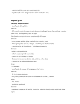 · Importancia del descanso para recuperar energía
· Importancia de cuidar el lugar donde se realiza la actividad física
Segundo grado
Desarrollo perceptivo-motriz
· Identificación del equilibrio
Ejercicios:
- Diferentes formas de desplazamiento en áreas delimitadas por llantas, figuras o líneas marcadas
sobre el piso, disminuyendo puntos de apoyo
Manifestación de movimiento con uno y otro lado del cuerpo
Ejercicios:
- Lanzar, atrapar, golpear, botar, manipular con una y otra mano
- Patear, girar y saltar con uno y otro pie, a pie firme y con desplazamientos
· Experimentación del ritmo interno y estimulación del externo
Ejercicios:
- Saltar la cuerda libremente
- Saltar la cuerda siguiendo una melodía
· Orientación en el espacio y el tiempo
- Desplazamientos: afuera, adentro, atrás, adelante, arriba, abajo
· Coordinación de movimientos secuenciados
Juego:
- "El marinero"
· Identificación de posturas del cuerpo para evitar lesiones
Ejercicios:
- De pie, sentados, acostados
· Relajación y contracción muscular utilizando estímulos visuales y auditivos
Juego:
- "Los enanos"
· Respiración abdominal
Ejercicios:
- Inspiración y espiración por la boca, tratando de mantener un globo o una pluma en el aire al
espirar
 