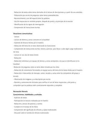 · Redacción de textos sobre temas derivados de la lectura de descripciones y a partir de una anécdota
· Elaboración por escrito de preguntas sobre temas preestablecidos
· Reconocimiento y uso del espacio entre las palabras
· Uso de mayúsculas en nombres propios, después de punto y al principio de la oración
· Identificación de los signos de interrogación
· Comprensión de instrucciones escritas
Situaciones comunicativas
· Lectura
- Lectura de letreros y avisos comunes en la localidad
- Audición de lecturas hechas por el maestro
- Deducción del tema de un texto observando las ilustraciones
- Comprensión de instrucciones escritas, breves y precisas, para llevar a cabo algún juego tradicional o
de mesa
- Lectura en voz alta de textos breves
· Redacción
- Redacción individual y en equipo de letreros y avisos semejantes a los que se identificaron en la
localidad
-Redacción de preguntas sobre un tema deter-minado por los niños
- Redacción de comentarios formulados en equipo acerca del tema de los textos leídos por el maestro
- Redacción e intercambio de mensajes, avisos, recados y cartas entre los compañeros del grupo o
escuela
- Observación de imágenes y su descripción por escrito
- Revisión y autocorrección de textos para verificar el uso de letras mayúsculas y del punto y
comprobar que las palabras estén correctamente separadas y completas
Recreación literaria
Conocimientos, habilidades y actitudes
· Audición de textos
· Participación en lecturas realizadas por el maestro
· Redacción y lectura de poemas y cuentos
· Cuidado en el manejo de los libros
· Comprensión del significado de refranes y coplas tradicionales
· Discusión sobre el sentido de refranes tradicionales
 