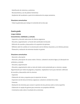 · Identificación de sinónimos y antónimos
· Reconocimiento y uso de palabras homónimas
· Ampliación del vocabulario a partir de la elaboración de campos semánticos
Situaciones comunicativas
· Todas las generadas para trabajar el contenido de los otros ejes
Cuarto grado
Lengua hablada
Conocimientos, habilidades y actitudes
· Exposición y discusión sobre temas de diversas asignaturas
· Discusión y argumentación. La función del coordinador de discusión
· Definición de acuerdos y desacuerdos en la expresión de opiniones
· Reflexión sobre los cambios en la comunicación oral en distintas situaciones y con distintas personas
· Planeación y realización de entrevistas basadas en guiones
Situaciones comunicativas
· Narración y descripción
- Narración y descripción de sucesos reales o ficticios, cuidando la secuencia lógica y la descripción de
ambientes y actitudes
· Discusión y argumentación
- Discusión y argumentación sobre un tema de interés común presentado por un alumno o equipo.
Argumentación por medio de preguntas y respuestas, respetando el turno para intervenir; definición
de acuerdos y desacuerdos entre los alumnos
· Exposición
- Elaboración de notas y esquemas para la exposición de temas
- Exposición oral de temas de diversas asignaturas cuidando la claridad de las ideas
· Entrevista
- Realización de entrevistas para conocer la opinión de otras personas sobre un tema específico
- Elaboración en equipo de guiones para entrevistas con propósitos definidos
- Comentarios orales sobre el resultado de las entrevistas
 