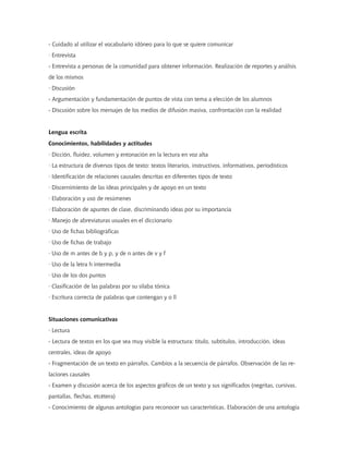 - Cuidado al utilizar el vocabulario idóneo para lo que se quiere comunicar
· Entrevista
- Entrevista a personas de la comunidad para obtener información. Realización de reportes y análisis
de los mismos
· Discusión
- Argumentación y fundamentación de puntos de vista con tema a elección de los alumnos
- Discusión sobre los mensajes de los medios de difusión masiva, confrontación con la realidad
Lengua escrita
Conocimientos, habilidades y actitudes
· Dicción, fluidez, volumen y entonación en la lectura en voz alta
· La estructura de diversos tipos de texto: textos literarios, instructivos, informativos, periodísticos
· Identificación de relaciones causales descritas en diferentes tipos de texto
· Discernimiento de las ideas principales y de apoyo en un texto
· Elaboración y uso de resúmenes
· Elaboración de apuntes de clase, discriminando ideas por su importancia
· Manejo de abreviaturas usuales en el diccionario
· Uso de fichas bibliográficas
· Uso de fichas de trabajo
· Uso de m antes de b y p, y de n antes de v y f
· Uso de la letra h intermedia
· Uso de los dos puntos
· Clasificación de las palabras por su sílaba tónica
· Escritura correcta de palabras que contengan y o ll
Situaciones comunicativas
· Lectura
- Lectura de textos en los que sea muy visible la estructura: título, subtítulos, introducción, ideas
centrales, ideas de apoyo
- Fragmentación de un texto en párrafos. Cambios a la secuencia de párrafos. Observación de las re-
laciones causales
- Examen y discusión acerca de los aspectos gráficos de un texto y sus significados (negritas, cursivas,
pantallas, flechas, etcétera)
- Conocimiento de algunas antologías para reconocer sus características. Elaboración de una antología
 