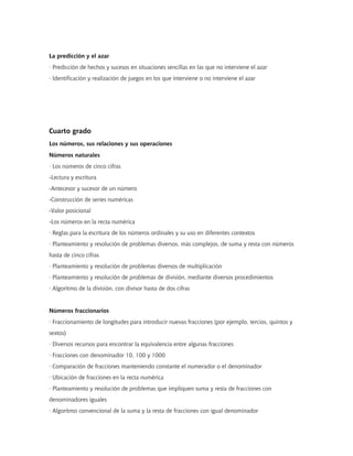 La predicción y el azar
· Predicción de hechos y sucesos en situaciones sencillas en las que no interviene el azar
· Identificación y realización de juegos en los que interviene o no interviene el azar
Cuarto grado
Los números, sus relaciones y sus operaciones
Números naturales
· Los números de cinco cifras
-Lectura y escritura
-Antecesor y sucesor de un número
-Construcción de series numéricas
-Valor posicional
-Los números en la recta numérica
· Reglas para la escritura de los números ordinales y su uso en diferentes contextos
· Planteamiento y resolución de problemas diversos, más complejos, de suma y resta con números
hasta de cinco cifras
· Planteamiento y resolución de problemas diversos de multiplicación
· Planteamiento y resolución de problemas de división, mediante diversos procedimientos
· Algoritmo de la división, con divisor hasta de dos cifras
Números fraccionarios
· Fraccionamiento de longitudes para introducir nuevas fracciones (por ejemplo, tercios, quintos y
sextos)
· Diversos recursos para encontrar la equivalencia entre algunas fracciones
· Fracciones con denominador 10, 100 y 1000
· Comparación de fracciones manteniendo constante el numerador o el denominador
· Ubicación de fracciones en la recta numérica
· Planteamiento y resolución de problemas que impliquen suma y resta de fracciones con
denominadores iguales
· Algoritmo convencional de la suma y la resta de fracciones con igual denominador
 