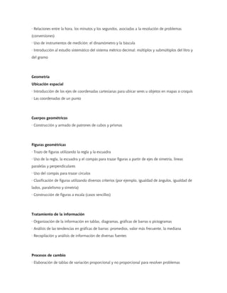 · Relaciones entre la hora, los minutos y los segundos, asociadas a la resolución de problemas
(conversiones)
· Uso de instrumentos de medición: el dinamómetro y la báscula
· Introducción al estudio sistemático del sistema métrico decimal: múltiplos y submúltiplos del litro y
del gramo
Geometría
Ubicación espacial
· Introducción de los ejes de coordenadas cartesianas para ubicar seres u objetos en mapas o croquis
· Las coordenadas de un punto
Cuerpos geométricos
· Construcción y armado de patrones de cubos y prismas
Figuras geométricas
· Trazo de figuras utilizando la regla y la escuadra
· Uso de la regla, la escuadra y el compás para trazar figuras a partir de ejes de simetría, líneas
paralelas y perpendiculares
· Uso del compás para trazar círculos
· Clasificación de figuras utilizando diversos criterios (por ejemplo, igualdad de ángulos, igualdad de
lados, paralelismo y simetría)
· Construcción de figuras a escala (casos sencillos)
Tratamiento de la información
· Organización de la información en tablas, diagramas, gráficas de barras o pictogramas
· Análisis de las tendencias en gráficas de barras: promedios, valor más frecuente, la mediana
· Recopilación y análisis de información de diversas fuentes
Procesos de cambio
· Elaboración de tablas de variación proporcional y no proporcional para resolver problemas
 