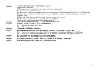 Розділ 6 ОРГАНІЗАЦІЯ КОНТРОЛЬНО-АНАЛІТИЧНОЇ ДІЯЛЬНОСТІ
6.1 Контроль документації
6.2 Проведення контрольних робіт і зрізів знань за текстами адміністрації
6.3. Контрольно-аналітична діяльність
6.4. Циклограма адміністративного контролю за веденням документації в Медведівській ЗОШ І-ІІІ ст.. ім.. М. Залізняка
6.5. Циклограма адміністративного контролю за станом викладанням навчальних предметів та равнем навчальних
досягнень учнів
6.6.Тематика внутрішньошкільного контролю за станом викладання предметів
6.7. Циклограма внутрішкільного контролю з питань виховної роботи
6.8.Організація та контроль за роботою шкільної бібліотеки.
Розділ 7 ДІЯЛЬНІСТЬ РАДИ ШКОЛИ. РОБОТА С БАТЬКАМИ, ГРОМАДСЬКІСТЮ
Розділ 8 ОХОРОНА ЗДОРОВ’Я ТА ЖИТТЯ ДІТЕЙ. ОХОРОНА ПРАЦІ
8.1. Охорона здоров’я та життя дітей
8.2. Охорона праці
Розділ 9 Фінансово-господарська діяльність
Розділ 10 Виховна діяльність закладу Медведівської ЗОШ І-ІІІст. ім.. М. Залізняка в 2016-2017 н.р.
10.1. План - сітка виховної роботи ЗОШ I-III ст. ім. М.Залізняка с.Медведівки на Ісеместр 2016-2017 н.р.
10.1. План - сітка виховної роботи ЗОШ I-III ст. ім. М.Залізняка с.Медведівки на ІІсеместр 2016-2017 н.р.
Розділ 11 План роботи шкільної бібліотеки на 2016—2017 навчальний рік
Розділ 12 ПРАВОВИХОВНА, ПРАВООСВІТНЯ ТА ПРОФІЛАКТИЧНА РОБОТА
Розділ 13 План роботи соціального педагога ЗОШ І-ІІІ ступенів ім. М.Залізняка с.Медведівки
Розділ 14 План роботи громадського інспектора з охорони дитинства
3
 