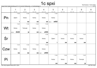 Zespół Szkół Ogólnokształcących Nr 16 Gorzów Wielkopolski, ul. Dunikowskiego 5 C 1-3
Wychowawca : Kortus Edyta
Plan lekcji wygenerowany:06.01.2023 aSc Plan Lekcji
1c spxi
wfOO
Kortus
SG 3
1c spxi
r
Zjawin
1c spxi
ew
Kortus
1c spxi
ew
Kortus
1c spxi
ew
Kortus
1c spxi
wfOO
Kortus
SG 1
1c spxi
ja
Tomczyk
1c spxi
ew
Kortus
1c spxi
ZkOO
Kortus
B 2-6
1c spxi
r
Zjawin
1c spxi
ew
Kortus
1c spxi
ew
Kortus
1c spxi
ew
Kortus
1c spxi
ew
Kortus
1c spxi
wfOO
Kortus
SG 1
1c spxi
ew
Kortus
1c spxi
ew
Kortus
1c spxi
ew
Kortus
1c spxi
ja
Tomczyk
1c spxi
ew
Kortus
1c spxi
ew
Kortus
1c spxi
ew
Kortus
Pn
Wt
Śr
Czw
Pi
1
8:00 - 8:45
2
8:55 - 9:40
3
9:50 - 10:35
4
10:45 - 11:30
5
11:50 - 12:35
6
12:45 - 13:30
7
13:40 - 14:25
8
14:35 - 15:20
9
15:30 - 16:15
1c spxi
 