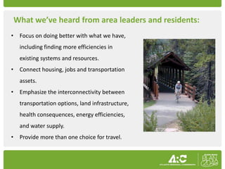 What we’ve heard from area leaders and residents:
• Focus on doing better with what we have,
   including finding more efficiencies in
   existing systems and resources.
• Connect housing, jobs and transportation
   assets.
• Emphasize the interconnectivity between
   transportation options, land infrastructure,
   health consequences, energy efficiencies,
   and water supply.
• Provide more than one choice for travel.
 