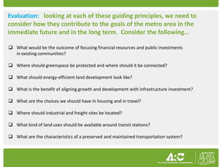 Evaluation: looking at each of these guiding principles, we need to
consider how they contribute to the goals of the metro area in the
immediate future and in the long term. Consider the following…

 What would be the outcome of focusing financial resources and public investments
  in existing communities?

 Where should greenspace be protected and where should it be connected?

 What should energy-efficient land development look like?

 What is the benefit of aligning growth and development with infrastructure investment?

 What are the choices we should have in housing and in travel?

 Where should industrial and freight sites be located?

 What kind of land uses should be available around transit stations?

 What are the characteristics of a preserved and maintained transportation system?
 