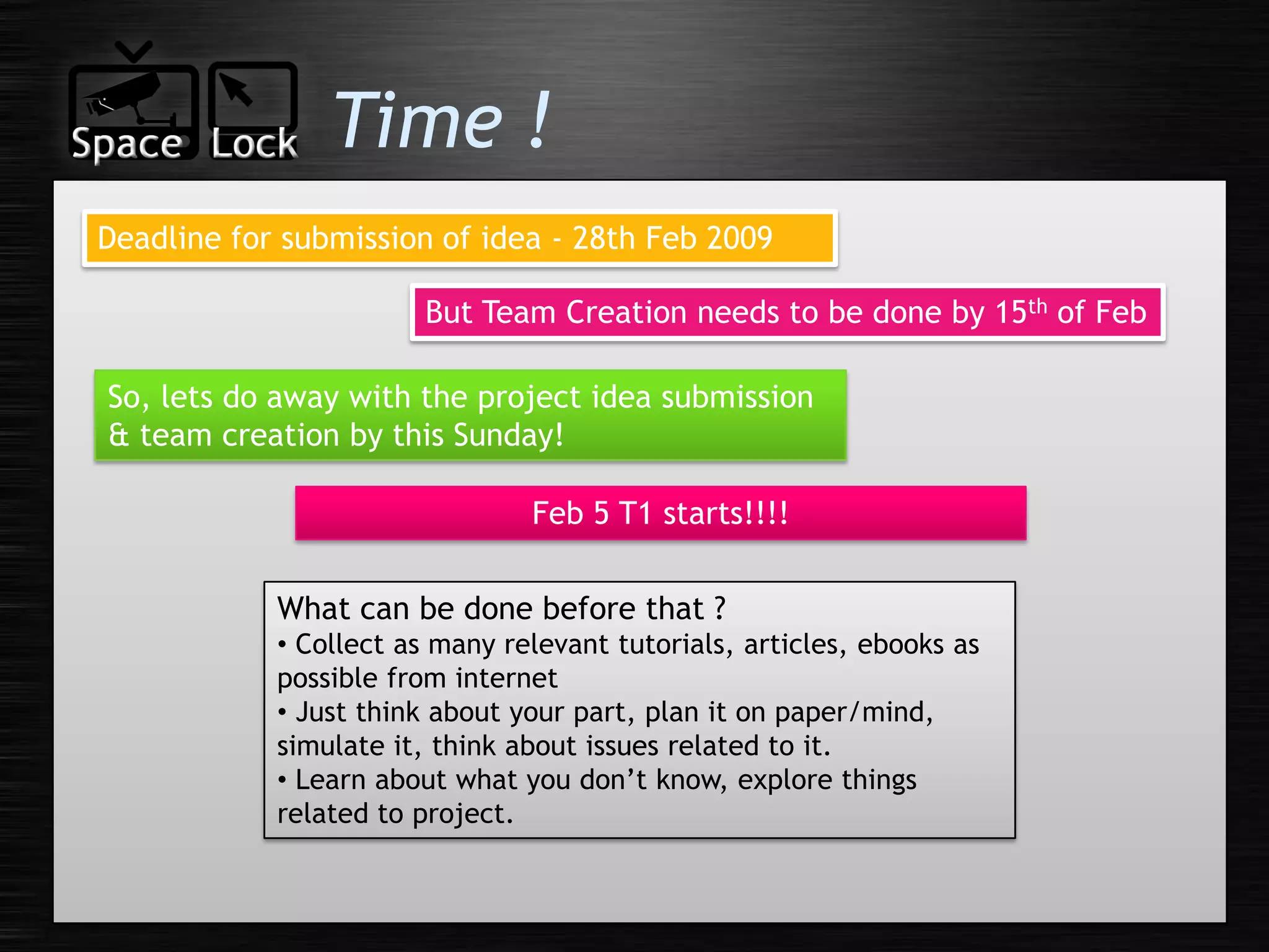 SpaceLock Meetup - Plan 25 Jan 09