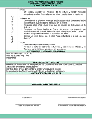 ESCUELA PRIMARIA GENERALISIMO MORELOS
2° “B” PROFA: JESSICA VALDEZ VARGAS
PLANEACIÓN TERCER BLOQUE
Sesión4(1horacon40minutos)
INICIO:
 En parejas, analizar las imágenes de la lectura y buscar mensajes
escondidos en ellas. Encerrarlas con un color y escribirlas en el cuaderno.
DESARROLLO:
 Compartir con el grupo los mensajes encontrados y hacer comentarios sobre
la información que dan acerca de la vida en el pueblo.
 Preguntar a los niños ¿Cómo creen que se hicieron las ilustraciones de la
lectura?
 Comentar que fueron hechas en “papel de amate”, una artesanía que
comparten muchos pueblos de México, como San Agustín Oapán, Guerrer.
 Mostrar el siguiente video sobre la realización del papel.
 Escribir un texto breve con el título “Las costumbres y la vida en San
Agustín”.
CIERRE:
 Compartir el texto con los compañeros.
 Propiciar la reflexión sobre las costumbres y tradiciones en México y su
forma de transmitirlas de generación en generación.
REFERENCIAS Y RECURSOS DIDÁCTICOS
Libro de texto. Págs. 128 a 136.
Libro de lecturas. Págs. 99 a 115.
Diccionarios
EVALUACIÓN Y EVIDENCIAS
Observación y análisis de las participaciones de los alumnos en la realización de las actividades.
Actividades en el libro y en el cuaderno.
Escritura de un pregón para vender u ofrecer un producto o servicio.
Descripción de San Agustín comprendiendo sus costumbres y tradiciones.
ADECUACIONES CURRICULARES
OBSERVACIONES GENERALES
ATENTAMENTE VO.BO DIRECTORA ESCOLAR
___________________________________ _____________________________________
PROFA: JESSICA VALDEZ VARGAS CYNTHIA GUILLERMINA SANTANA CARRILLO
 