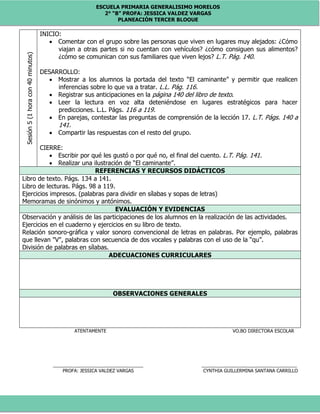ESCUELA PRIMARIA GENERALISIMO MORELOS
2° “B” PROFA: JESSICA VALDEZ VARGAS
PLANEACIÓN TERCER BLOQUE
Sesión5(1horacon40minutos)
INICIO:
 Comentar con el grupo sobre las personas que viven en lugares muy alejados: ¿Cómo
viajan a otras partes si no cuentan con vehículos? ¿cómo consiguen sus alimentos?
¿cómo se comunican con sus familiares que viven lejos? L.T. Pág. 140.
DESARROLLO:
 Mostrar a los alumnos la portada del texto “El caminante” y permitir que realicen
inferencias sobre lo que va a tratar. L.L. Pág. 116.
 Registrar sus anticipaciones en la página 140 del libro de texto.
 Leer la lectura en voz alta deteniéndose en lugares estratégicos para hacer
predicciones. L.L. Págs. 116 a 119.
 En parejas, contestar las preguntas de comprensión de la lección 17. L.T. Págs. 140 a
141.
 Compartir las respuestas con el resto del grupo.
CIERRE:
 Escribir por qué les gustó o por qué no, el final del cuento. L.T. Pág. 141.
 Realizar una ilustración de “El caminante”.
REFERENCIAS Y RECURSOS DIDÁCTICOS
Libro de texto. Págs. 134 a 141.
Libro de lecturas. Págs. 98 a 119.
Ejercicios impresos. (palabras para dividir en sílabas y sopas de letras)
Memoramas de sinónimos y antónimos.
EVALUACIÓN Y EVIDENCIAS
Observación y análisis de las participaciones de los alumnos en la realización de las actividades.
Ejercicios en el cuaderno y ejercicios en su libro de texto.
Relación sonoro-gráfica y valor sonoro convencional de letras en palabras. Por ejemplo, palabras
que llevan "V", palabras con secuencia de dos vocales y palabras con el uso de la “qu”.
División de palabras en sílabas.
ADECUACIONES CURRICULARES
OBSERVACIONES GENERALES
ATENTAMENTE VO.BO DIRECTORA ESCOLAR
___________________________________ _____________________________________
PROFA: JESSICA VALDEZ VARGAS CYNTHIA GUILLERMINA SANTANA CARRILLO
 