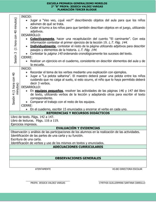 ESCUELA PRIMARIA GENERALISIMO MORELOS
2° “B” PROFA: JESSICA VALDEZ VARGAS
PLANEACIÓN TERCER BLOQUE
Sesión3(1horacon40minutos) INICIO:
 Jugar a “Veo veo, ¿qué ves?” describiendo objetos del aula para que los niños
adivinen de qué se trata.
 Ceder el turno a los niños para que también describan objetos en el juego, utilizando
adjetivos.
DESARROLLO:
 Colectivamente, hacer una recapitulación del cuento “El caminante”. Con esta
información contestar el primer ejercicio de la lección 19. L.T. Pág. 144.
 Individualmente, contestar el resto de la página utilizando adjetivos para describir
pasajes y elementos de la historia. L.T. Pág. 144.
 Contestar la página 145 ordenando cronológicamente los sucesos del texto.
CIERRE:
 Realizar un ejercicio en el cuaderno, consistente en describir elementos del aula y de
la escuela.
Sesión4(1horacon40
minutos)
INICIO:
 Recordar el tema de los verbos mediante una explicación con ejemplos.
 Jugar a “La pelota saltarina”. El maestro deberá pasar una pelota entre los niños
cuidando que no caiga al suelo, si esto ocurre, el niño que lo haya permitido deberá
decir 3 verbos.
DESARROLLO:
 En equipos pequeños, resolver las actividades de las páginas 146 y 147 del libro
de texto, utilizando verbos de la lección y adaptando otros para escribir el texto
correspondiente.
 Comparar el trabajo con el resto de los equipos.
CIERRE:
 En el cuaderno, escribir 15 enunciados y encerrar el verbo en cada uno.
REFERENCIAS Y RECURSOS DIDÁCTICOS
Libro de texto. Págs. 142 a 147.
Libro de lecturas. Págs. 116 a 119.
Ejercicios impresos.
EVALUACIÓN Y EVIDENCIAS
Observación y análisis de las participaciones de los alumnos en la realización de las actividades.
Identificación de las partes de una carta y su función.
Escritura de una carta.
Identificación de verbos y uso de los mismos en textos y enunciados.
ADECUACIONES CURRICULARES
OBSERVACIONES GENERALES
ATENTAMENTE VO.BO DIRECTORA ESCOLAR
___________________________________ _____________________________________
PROFA: JESSICA VALDEZ VARGAS CYNTHIA GUILLERMINA SANTANA CARRILLO
 