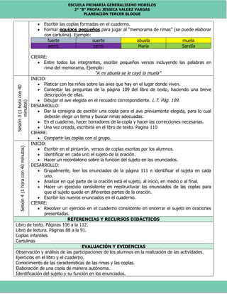 ESCUELA PRIMARIA GENERALISIMO MORELOS
2° “B” PROFA: JESSICA VALDEZ VARGAS
PLANEACIÓN TERCER BLOQUE
 Escribir las coplas formadas en el cuaderno.
 Formar equipos pequeños para jugar al “memorama de rimas” (se puede elaborar
con cartulina). Ejemplo:
fuerte suerte abuela muela
perro cerro María Sandía
CIERRE:
 Entre todos los integrantes, escribir pequeños versos incluyendo las palabras en
rima del memorama. Ejemplo:
“A mi abuela se le cayó la muela”
Sesión3(1horacon40
minutos)
INICIO:
 Platicar con los niños sobre las aves que hay en el lugar donde viven.
 Contestar las preguntas de la página 109 del libro de texto, haciendo una breve
descripción de ellas.
 Dibujar el ave elegida en el recuadro correspondiente. L.T. Pág. 109.
DESARROLLO:
 Dar la consigna de escribir una copla para el ave previamente elegida, para lo cual
deberán elegir un tema y buscar rimas adecuadas.
 En el cuaderno, hacer borradores de la copla y hacer las correcciones necesarias.
 Una vez creada, escribirla en el libro de texto. Pagina 110
CIERRE:
 Compartir las coplas con el grupo.
Sesión4(1horacon40minutos)
INICIO:
 Escribir en el pintarrón, versos de coplas escritas por los alumnos.
 Identificar en cada uno el sujeto de la oración.
 Hacer un recordatorio sobre la función del sujeto en los enunciados.
DESARROLLO:
 Grupalmente, leer los enunciados de la página 111 e identificar el sujeto en cada
uno.
 Analizar en qué parte de la oración está el sujeto, al inicio, en medio o al final.
 Hacer un ejercicio consistente en reestructurar los enunciados de las coplas para
que el sujeto quede en diferentes partes de la oración.
 Escribir los nuevos enunciados en el cuaderno.
CIERRE:
 Resolver un ejercicio en el cuaderno consistente en encerrar el sujeto en oraciones
presentadas.
REFERENCIAS Y RECURSOS DIDÁCTICOS
Libro de texto. Páginas 106 a la 112.
Libro de lectura. Páginas 88 a la 91.
Coplas infantiles
Cartulinas
EVALUACIÓN Y EVIDENCIAS
Observación y análisis de las participaciones de los alumnos en la realización de las actividades.
Ejercicios en el libro y el cuaderno.
Conocimiento de las características de las rimas y las coplas.
Elaboración de una copla de manera autónoma.
Identificación del sujeto y su función en los enunciados.
 