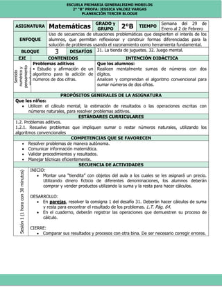 ESCUELA PRIMARIA GENERALISIMO MORELOS
2° “B” PROFA: JESSICA VALDEZ VARGAS
PLANEACIÓN TERCER BLOQUE
ASIGNATURA Matemáticas
GRADO y
GRUPO 2°B TIEMPO
Semana del 29 de
Enero al 2 de Febrero
ENFOQUE
Uso de secuencias de situaciones problemáticas que despierten el interés de los
alumnos, que permitan reflexionar y construir formas diferenciadas para la
solución de problemas usando el razonamiento como herramienta fundamental.
BLOQUE 3 DESAFÍOS 31. La tienda de juguetes. 32. Juego mental.
EJE CONTENIDOS INTENCIÓN DIDÁCTICA
Sentido
numéricoy
pensamiento
algebraico
Problemas aditivos
• Estudio y afirmación de un
algoritmo para la adición de
números de dos cifras.
Que los alumnos:
Realicen mentalmente sumas de números con dos
dígitos.
Analicen y comprendan el algoritmo convencional para
sumar números de dos cifras.
PROPÓSITOS GENERALES DE LA ASIGNATURA
Que los niños:
 Utilicen el cálculo mental, la estimación de resultados o las operaciones escritas con
números naturales, para resolver problemas aditivos.
ESTÁNDARES CURRICULARES
1.2. Problemas aditivos.
1.2.1. Resuelve problemas que impliquen sumar o restar números naturales, utilizando los
algoritmos convencionales
COMPETENCIAS QUE SE FAVORECEN
 Resolver problemas de manera autónoma.
 Comunicar información matemática.
 Validar procedimientos y resultados.
 Manejar técnicas eficientemente.
SECUENCIA DE ACTIVIDADES
Sesión1(1horacon30minutos)
INICIO:
 Montar una “tiendita” con objetos del aula a los cuales se les asignará un precio.
Utilizando dinero ficticio de diferentes denominaciones, los alumnos deberán
comprar y vender productos utilizando la suma y la resta para hacer cálculos.
DESARROLLO:
 En parejas, resolver la consigna 1 del desafío 31. Deberán hacer cálculos de suma
y resta para encontrar el resultado de los problemas. L.T. Pág. 64.
 En el cuaderno, deberán registrar las operaciones que demuestren su proceso de
cálculo.
CIERRE:
 Comparar sus resultados y procesos con otra bina. De ser necesario corregir errores.
 