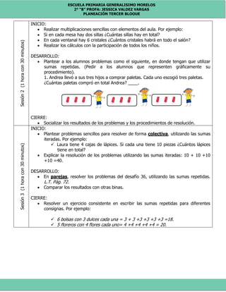 ESCUELA PRIMARIA GENERALISIMO MORELOS
2° “B” PROFA: JESSICA VALDEZ VARGAS
PLANEACIÓN TERCER BLOQUE
Sesión2(1horacon30minutos) INICIO:
 Realizar multiplicaciones sencillas con elementos del aula. Por ejemplo:
 Si en cada mesa hay dos sillas ¿Cuántas sillas hay en total?
 En cada ventanal hay 6 cristales ¿Cuántos cristales habrá en todo el salón?
 Realizar los cálculos con la participación de todos los niños.
DESARROLLO:
 Plantear a los alumnos problemas como el siguiente, en donde tengan que utilizar
sumas repetidas. (Pedir a los alumnos que representen gráficamente su
procedimiento).
1. Andrea llevó a sus tres hijos a comprar paletas. Cada uno escogió tres paletas.
¿Cuántas paletas compró en total Andrea? ____.
CIERRE:
 Socializar los resultados de los problemas y los procedimientos de resolución.
Sesión3(1horacon30minutos)
INICIO:
 Plantear problemas sencillos para resolver de forma colectiva, utilizando las sumas
iteradas. Por ejemplo:
 Laura tiene 4 cajas de lápices. Si cada una tiene 10 piezas ¿Cuántos lápices
tiene en total?
 Explicar la resolución de los problemas utilizando las sumas iteradas: 10 + 10 +10
+10 =40.
DESARROLLO:
 En parejas, resolver los problemas del desafío 36, utilizando las sumas repetidas.
L.T. Pág. 72.
 Comparar los resultados con otras binas.
CIERRE:
 Resolver un ejercicio consistente en escribir las sumas repetidas para diferentes
consignas. Por ejemplo:
 6 bolsas con 3 dulces cada una = 3 + 3 +3 +3 +3 +3 =18.
 5 floreros con 4 flores cada uno= 4 +4 +4 +4 +4 = 20.
 