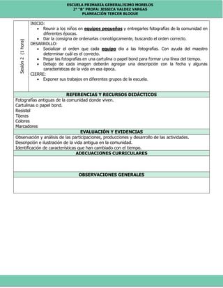 ESCUELA PRIMARIA GENERALISIMO MORELOS
2° “B” PROFA: JESSICA VALDEZ VARGAS
PLANEACIÓN TERCER BLOQUE
Sesión2(1hora) INICIO:
 Reunir a los niños en equipos pequeños y entregarles fotografías de la comunidad en
diferentes épocas.
 Dar la consigna de ordenarlas cronológicamente, buscando el orden correcto.
DESARROLLO:
 Socializar el orden que cada equipo dio a las fotografías. Con ayuda del maestro
determinar cuál es el correcto.
 Pegar las fotografías en una cartulina o papel bond para formar una línea del tiempo.
 Debajo de cada imagen deberán agregar una descripción con la fecha y algunas
características de la vida en esa época.
CIERRE:
 Exponer sus trabajos en diferentes grupos de la escuela.
REFERENCIAS Y RECURSOS DIDÁCTICOS
Fotografías antiguas de la comunidad donde viven.
Cartulinas o papel bond.
Resistol
Tijeras
Colores
Marcadores
EVALUACIÓN Y EVIDENCIAS
Observación y análisis de las participaciones, producciones y desarrollo de las actividades.
Descripción e ilustración de la vida antigua en la comunidad.
Identificación de características que han cambiado con el tiempo.
ADECUACIONES CURRICULARES
OBSERVACIONES GENERALES
 