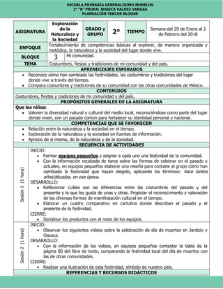 ESCUELA PRIMARIA GENERALISIMO MORELOS
2° “B” PROFA: JESSICA VALDEZ VARGAS
PLANEACIÓN TERCER BLOQUE
ASIGNATURA
Exploración
de la
Naturaleza y
la Sociedad
GRADO y
GRUPO 2° TIEMPO
Semana del 29 de Enero al 2
de Febrero del 2018
ENFOQUE
Fortalecimiento de competencias básicas al explorar, de manera organizada y
metódica, la naturaleza y la sociedad del lugar donde vive.
BLOQUE 3 Mi comunidad.
TEMA Costumbres, fiestas y tradiciones de mi comunidad y del país.
APRENDIZAJES ESPERADOS
 Reconoce cómo han cambiado las festividades, las costumbres y tradiciones del lugar
donde vive a través del tiempo.
 Compara costumbres y tradiciones de su comunidad con las otras comunidades de México.
CONTENIDOS
Costumbres, fiestas y tradiciones de mi comunidad y del país.
PROPÓSITOS GENERALES DE LA ASIGNATURA
Que los niños:
 Valoren la diversidad natural y cultural del medio local, reconociéndose como parte del lugar
donde viven, con un pasado común para fortalecer su identidad personal y nacional.
COMPETENCIAS QUE SE FAVORECEN
 Relación entre la naturaleza y la sociedad en el tiempo.
 Exploración de la naturaleza y la sociedad en fuentes de información.
 Aprecio de sí mismo, de la naturaleza y de la sociedad.
SECUENCIA DE ACTIVIDADES
Sesión1(1hora)
INICIO:
 Formar equipos pequeños y asignar a cada uno una festividad de la comunidad.
 Con la información recabada de tarea sobre las formas de celebrar en el pasado y
actuales, en equipos pequeños elaborar una reseña para contarle al grupo cómo han
cambiado la festividad que hayan elegido, aplicando los términos: hace tantos
años/décadas, en esa época.
DESARROLLO:
 Reflexionar cuáles son las diferencias entre las costumbres del pasado y del
presente y lo que les gusta de unas y otras. Propiciar el reconocimiento y valoración
de las diversas formas de manifestación cultural en el tiempo.
 Elaborar un cuadro comparativo en cartulina donde describan el pasado y el
presente de la festividad.
CIERRE:
 Socializar los productos con el resto de los equipos.
Sesión2(1hora)
INICIO:
 Observar los siguientes videos sobre la celebración de día de muertos en Janitzio y
Oaxaca.
DESARROLLO:
 Con la información de los videos, en equipos pequeños contestar la tabla de la
página 80 del libro de texto, comparando la festividad local del día de muertos con
las de otras comunidades.
CIERRE:
 Realizar una ilustración de esta festividad, símbolo de nuestro país.
REFERENCIAS Y RECURSOS DIDÁCTICOS
 