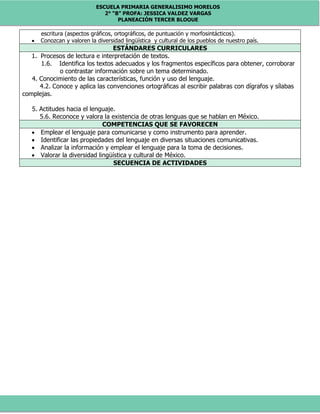 ESCUELA PRIMARIA GENERALISIMO MORELOS
2° “B” PROFA: JESSICA VALDEZ VARGAS
PLANEACIÓN TERCER BLOQUE
escritura (aspectos gráficos, ortográficos, de puntuación y morfosintácticos).
 Conozcan y valoren la diversidad lingüística y cultural de los pueblos de nuestro país.
ESTÁNDARES CURRICULARES
1. Procesos de lectura e interpretación de textos.
1.6. Identifica los textos adecuados y los fragmentos específicos para obtener, corroborar
o contrastar información sobre un tema determinado.
4. Conocimiento de las características, función y uso del lenguaje.
4.2. Conoce y aplica las convenciones ortográficas al escribir palabras con dígrafos y sílabas
complejas.
5. Actitudes hacia el lenguaje.
5.6. Reconoce y valora la existencia de otras lenguas que se hablan en México.
COMPETENCIAS QUE SE FAVORECEN
 Emplear el lenguaje para comunicarse y como instrumento para aprender.
 Identificar las propiedades del lenguaje en diversas situaciones comunicativas.
 Analizar la información y emplear el lenguaje para la toma de decisiones.
 Valorar la diversidad lingüística y cultural de México.
SECUENCIA DE ACTIVIDADES
 