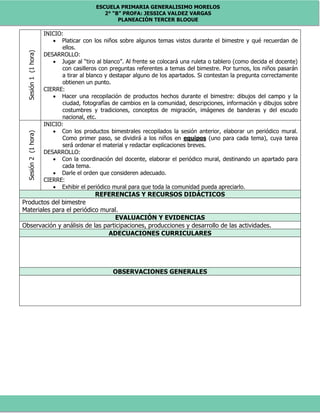 ESCUELA PRIMARIA GENERALISIMO MORELOS
2° “B” PROFA: JESSICA VALDEZ VARGAS
PLANEACIÓN TERCER BLOQUE
Sesión1(1hora) INICIO:
 Platicar con los niños sobre algunos temas vistos durante el bimestre y qué recuerdan de
ellos.
DESARROLLO:
 Jugar al “tiro al blanco”. Al frente se colocará una ruleta o tablero (como decida el docente)
con casilleros con preguntas referentes a temas del bimestre. Por turnos, los niños pasarán
a tirar al blanco y destapar alguno de los apartados. Si contestan la pregunta correctamente
obtienen un punto.
CIERRE:
 Hacer una recopilación de productos hechos durante el bimestre: dibujos del campo y la
ciudad, fotografías de cambios en la comunidad, descripciones, información y dibujos sobre
costumbres y tradiciones, conceptos de migración, imágenes de banderas y del escudo
nacional, etc.
Sesión2(1hora)
INICIO:
 Con los productos bimestrales recopilados la sesión anterior, elaborar un periódico mural.
Como primer paso, se dividirá a los niños en equipos (uno para cada tema), cuya tarea
será ordenar el material y redactar explicaciones breves.
DESARROLLO:
 Con la coordinación del docente, elaborar el periódico mural, destinando un apartado para
cada tema.
 Darle el orden que consideren adecuado.
CIERRE:
 Exhibir el periódico mural para que toda la comunidad pueda apreciarlo.
REFERENCIAS Y RECURSOS DIDÁCTICOS
Productos del bimestre
Materiales para el periódico mural.
EVALUACIÓN Y EVIDENCIAS
Observación y análisis de las participaciones, producciones y desarrollo de las actividades.
ADECUACIONES CURRICULARES
OBSERVACIONES GENERALES
 