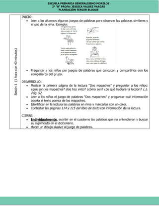 ESCUELA PRIMARIA GENERALISIMO MORELOS
2° “B” PROFA: JESSICA VALDEZ VARGAS
PLANEACIÓN TERCER BLOQUE
Sesión1(1horacon40minutos) INICIO:
 Leer a los alumnos algunos juegos de palabras para observar las palabras similares y
el uso de la rima. Ejemplo:
 Preguntar a los niños por juegos de palabras que conozcan y compartirlos con los
compañeros del grupo.
DESARROLLO:
 Mostrar la primera página de la lectura “Dos mapaches” y preguntar a los niños:
¿qué son los mapaches? ¿los haz visto? ¿cómo son? ¿de qué hablará la lección? L.L.
Pág. 92.
 Leer a los niños el juego de palabras “Dos mapaches” y preguntar qué información
aporta el texto acerca de los mapaches.
 Identificar en la lectura las palabras en rima y marcarlas con un color.
 Contestar las páginas 114 y 115 del libro de texto con información de la lectura.
CIERRE:
 Individualmente, escribir en el cuaderno las palabras que no entendieron y buscar
su significado en el diccionario.
 Hacer un dibujo alusivo al juego de palabras.
 
