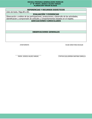 ESCUELA PRIMARIA GENERALISIMO MORELOS
2° “B” PROFA: JESSICA VALDEZ VARGAS
PLANEACIÓN TERCER BLOQUE
REFERENCIAS Y RECURSOS DIDÁCTICOS
Libro de texto. Págs.80 a 83.
EVALUACIÓN Y EVIDENCIAS
Observación y análisis de las participaciones, producciones y desarrollo de las actividades.
Identificación y comprensión de actitudes y comportamientos basados en el respeto.
ADECUACIONES CURRICULARES
OBSERVACIONES GENERALES
ATENTAMENTE VO.BO DIRECTORA ESCOLAR
___________________________________ _____________________________________
PROFA: JESSICA VALDEZ VARGAS CYNTHIA GUILLERMINA SANTANA CARRILLO
 