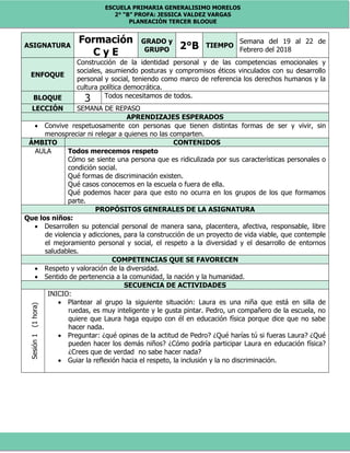 ESCUELA PRIMARIA GENERALISIMO MORELOS
2° “B” PROFA: JESSICA VALDEZ VARGAS
PLANEACIÓN TERCER BLOQUE
ASIGNATURA
Formación
C y E
GRADO y
GRUPO 2°B TIEMPO
Semana del 19 al 22 de
Febrero del 2018
ENFOQUE
Construcción de la identidad personal y de las competencias emocionales y
sociales, asumiendo posturas y compromisos éticos vinculados con su desarrollo
personal y social, teniendo como marco de referencia los derechos humanos y la
cultura política democrática.
BLOQUE 3 Todos necesitamos de todos.
LECCIÓN SEMANA DE REPASO
APRENDIZAJES ESPERADOS
 Convive respetuosamente con personas que tienen distintas formas de ser y vivir, sin
menospreciar ni relegar a quienes no las comparten.
ÁMBITO CONTENIDOS
AULA Todos merecemos respeto
Cómo se siente una persona que es ridiculizada por sus características personales o
condición social.
Qué formas de discriminación existen.
Qué casos conocemos en la escuela o fuera de ella.
Qué podemos hacer para que esto no ocurra en los grupos de los que formamos
parte.
PROPÓSITOS GENERALES DE LA ASIGNATURA
Que los niños:
 Desarrollen su potencial personal de manera sana, placentera, afectiva, responsable, libre
de violencia y adicciones, para la construcción de un proyecto de vida viable, que contemple
el mejoramiento personal y social, el respeto a la diversidad y el desarrollo de entornos
saludables.
COMPETENCIAS QUE SE FAVORECEN
 Respeto y valoración de la diversidad.
 Sentido de pertenencia a la comunidad, la nación y la humanidad.
SECUENCIA DE ACTIVIDADES
Sesión1(1hora)
INICIO:
 Plantear al grupo la siguiente situación: Laura es una niña que está en silla de
ruedas, es muy inteligente y le gusta pintar. Pedro, un compañero de la escuela, no
quiere que Laura haga equipo con él en educación física porque dice que no sabe
hacer nada.
 Preguntar: ¿qué opinas de la actitud de Pedro? ¿Qué harías tú si fueras Laura? ¿Qué
pueden hacer los demás niños? ¿Cómo podría participar Laura en educación física?
¿Crees que de verdad no sabe hacer nada?
 Guiar la reflexión hacia el respeto, la inclusión y la no discriminación.
 