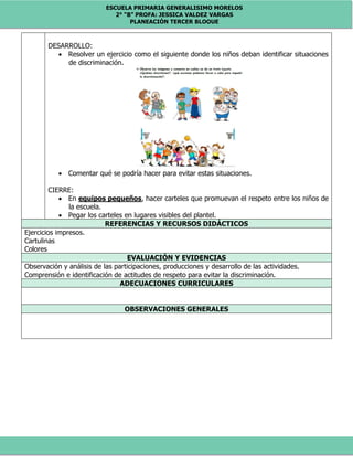 ESCUELA PRIMARIA GENERALISIMO MORELOS
2° “B” PROFA: JESSICA VALDEZ VARGAS
PLANEACIÓN TERCER BLOQUE
DESARROLLO:
 Resolver un ejercicio como el siguiente donde los niños deban identificar situaciones
de discriminación.
 Comentar qué se podría hacer para evitar estas situaciones.
CIERRE:
 En equipos pequeños, hacer carteles que promuevan el respeto entre los niños de
la escuela.
 Pegar los carteles en lugares visibles del plantel.
REFERENCIAS Y RECURSOS DIDÁCTICOS
Ejercicios impresos.
Cartulinas
Colores
EVALUACIÓN Y EVIDENCIAS
Observación y análisis de las participaciones, producciones y desarrollo de las actividades.
Comprensión e identificación de actitudes de respeto para evitar la discriminación.
ADECUACIONES CURRICULARES
OBSERVACIONES GENERALES
 