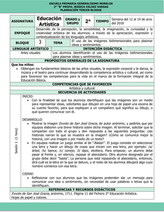 ESCUELA PRIMARIA GENERALISIMO MORELOS
2° “B” PROFA: JESSICA VALDEZ VARGAS
PLANEACIÓN TERCER BLOQUE
ASIGNATURA
Educación
Artística
GRADO y
GRUPO 2° TIEMPO
Semana del 12 al 19 de arzo
del 2018
ENFOQUE
Desarrollo de la percepción, la sensibilidad, la imaginación, la curiosidad y la
creatividad artística de los alumnos; a través de la apreciación, expresión y
contextualización de los lenguajes artísticos.
BLOQUE 3 TEMA
El uso de las imágenes bidimensionales para plasmar
ideas y sentimientos
LENGUAJE ARTÍSTICO INTENCIÓN DIDÁCTICA
Artes visuales Los alumnos identificarán el uso de las imágenes bidimensionales
para plasmar ideas y sentimientos.
PROPÓSITOS GENERALES DE LA ASIGNATURA
Que los niños:
 Obtengan los fundamentos básicos de las artes visuales, la expresión corporal y la danza, la
música y el teatro para continuar desarrollando la competencia artística y cultural, así como
para favorecer las competencias para la vida en el marco de la formación integral de la
Educación Básica.
COMPETENCIAS QUE SE FAVORECEN
Artística y cultural
SECUENCIA DE ACTIVIDADES
Sesión1(1hora)
INICIO:
 Con la finalidad de que los alumnos identifiquen que las imágenes son un medio
para representar ideas, solicitarles que dibujen en una hoja de papel una escena de
su cuento favorito, para que expliquen a un compañero qué significa su dibujo, o
qué quieren comunicar con él.
DESARROLLO:
 Mostrar la imagen Exvoto de San José Gracia, de autor anónimo, y pedirles que por
equipos elaboren una breve historia sobre dicha imagen. Al terminar, solicitar que la
compartan con todo el grupo y den respuesta a las siguientes preguntas: ¿las
historias narran lo que se muestra en la imagen? ¿Cómo se comunica mejor la
historia, con una imagen o por medio de un texto?
 En equipos realizar un juego similar al de “¡Basta!”. El juego consiste en seleccionar
una letra y hacer un dibujo de cosas que inicien con esa letra, por ejemplo: /a/
árbol; /b/ banca; /c/ conejo; /l/ lápiz, etcétera. Para empezar, un alumno debe
pasar al frente y, en silencio, repasar el abecedario. Otro alumno designado por el
grupo debe decir “basta”. La persona que está repasando el abecedario, entonces,
dirá cuál es la letra en la que se detuvo, y el resto de los alumnos dibujará algo cuyo
nombre comience con esa letra.
CIERRE:
 Reflexionar con sus alumnos que las imágenes pretenden dar un mensaje para
comunicar una idea o sentimiento, sin necesidad de usar palabras o letras que la
identifiquen.
REFERENCIAS Y RECURSOS DIDÁCTICOS
Exvoto de San José Gracia, anónimo, 1711. Página 11 del Fichero 2° Educación Artística.
Hojas de papel y colores.
 