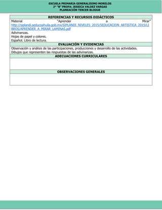 ESCUELA PRIMARIA GENERALISIMO MORELOS
2° “B” PROFA: JESSICA VALDEZ VARGAS
PLANEACIÓN TERCER BLOQUE
REFERENCIAS Y RECURSOS DIDÁCTICOS
Material “Aprender a Mirar”
http://siplandi.seducoahuila.gob.mx/SIPLANDI_NIVELES_2015/5EDUCACION_ARTISTICA_2015/LI
BROS/APRENDER_A_MIRAR_LAMINAS.pdf
Adivinanzas.
Hojas de papel y colores.
Español. Libro de lectura.
EVALUACIÓN Y EVIDENCIAS
Observación y análisis de las participaciones, producciones y desarrollo de las actividades.
Dibujos que representen las respuestas de las adivinanzas.
ADECUACIONES CURRICULARES
OBSERVACIONES GENERALES
 