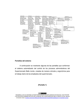 DESARROLLO DE UN SISTEMA AUTOMATIZADO BASADO EN INTELIGENCIA DE NEGOCIO, QUE INTEGRE
LOS PROCESOS ADMINISTRATIVOS DEL ALMACÉN, DEL SÚPER MERCADO BELLO MONTE by Díaz, Marcelo
is licensed under a Creative Commons Atribución-NoComercial-CompartirDerivadasIgual 3.0 Unported License.
Pantallas del sistema
A continuación se mostrarán algunas de las pantallas que conforman
el sistema automatizado del control de los procesos administrativos del
Supermercado Bello monte, creadas de manera cómoda y ergonómica para
el trabajo diario de los empleados del supermercado.
(Pantalla 1)
 