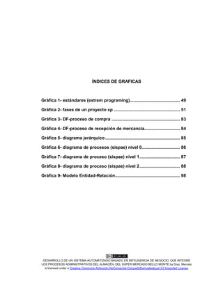 DESARROLLO DE UN SISTEMA AUTOMATIZADO BASADO EN INTELIGENCIA DE NEGOCIO, QUE INTEGRE
LOS PROCESOS ADMINISTRATIVOS DEL ALMACÉN, DEL SÚPER MERCADO BELLO MONTE by Díaz, Marcelo
is licensed under a Creative Commons Atribución-NoComercial-CompartirDerivadasIgual 3.0 Unported License.
ÍNDICES DE GRAFICAS
Gráfica 1- estándares (extrem programing)......................................... 49
Gráfica 2- fases de un proyecto xp ...................................................... 51
Gráfica 3- DF-proceso de compra ........................................................ 83
Gráfica 4- DF-proceso de recepción de mercancía............................. 84
Gráfica 5- diagrama jerárquico ............................................................. 85
Gráfica 6- diagrama de procesos (sispae) nivel 0............................... 86
Gráfica 7- diagrama de proceso (sispae) nivel 1................................. 87
Gráfica 8- diagrama de proceso (sispae) nivel 2................................. 88
Gráfica 9- Modelo Entidad-Relación..................................................... 98
 