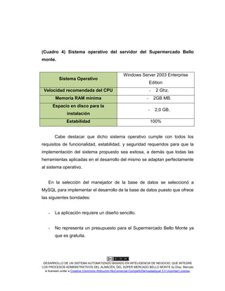 DESARROLLO DE UN SISTEMA AUTOMATIZADO BASADO EN INTELIGENCIA DE NEGOCIO, QUE INTEGRE
LOS PROCESOS ADMINISTRATIVOS DEL ALMACÉN, DEL SÚPER MERCADO BELLO MONTE by Díaz, Marcelo
is licensed under a Creative Commons Atribución-NoComercial-CompartirDerivadasIgual 3.0 Unported License.
(Cuadro 4) Sistema operativo del servidor del Supermercado Bello
monte.
Sistema Operativo
Windows Server 2003 Enterprise
Edition
Velocidad recomendada del CPU - 2 Ghz.
Memoria RAM mínima - 2GB MB.
Espacio en disco para la
instalación
- 2,0 GB.
Estabilidad 100%
Cabe destacar que dicho sistema operativo cumple con todos los
requisitos de funcionalidad, estabilidad, y seguridad requeridos para que la
implementación del sistema propuesto sea exitosa, a demás que todas las
herramientas aplicadas en el desarrollo del mismo se adaptan perfectamente
al sistema operativo.
En la selección del manejador de la base de datos se seleccionó a
MySQL para implementar el desarrollo de la base de datos puesto que ofrece
las siguientes bondades:
- La aplicación requiere un diseño sencillo.
- No representa un presupuesto para el Supermercado Bello Monte ya
que es gratuita.
 