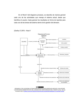 DESARROLLO DE UN SISTEMA AUTOMATIZADO BASADO EN INTELIGENCIA DE NEGOCIO, QUE INTEGRE
LOS PROCESOS ADMINISTRATIVOS DEL ALMACÉN, DEL SÚPER MERCADO BELLO MONTE by Díaz, Marcelo
is licensed under a Creative Commons Atribución-NoComercial-CompartirDerivadasIgual 3.0 Unported License.
En el Nivel 0 del diagrama procesos, se describe de manera general
cada uno de las actividades que maneja el sistema actual, desde que
identifica el usuario, hasta generar los resultados en forma de reportes para
cada una de las tareas del sistema dentro de la gestión del almacén.
(Grafica 7) DFD – Nivel 1
 