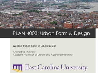 PLAN 4003: Urban Form & Design
Week 3: Public Parks in Urban Design
Anuradha Mukherji
Assistant Professor of Urban and Regional Planning
 