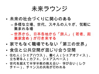 未来ラウンジ 未来の社会づくりに関心のある 多様な立場、世代、スキルの人々が、気軽に集まれる場 世界から、日本各地から「旅人」（若者、起業家含め）が行き来する 家でもなく職場でもない「第三の世界」 食住と公共空間が混じり合う空間 住む人（シェアハウス）、働く人（シェアオフィス）、立ち寄る人（カフェ、シェアスペース） 世代を超えて半学半教の教え合い・学び合い（レクチャー）、チャンスの共有が行われる 