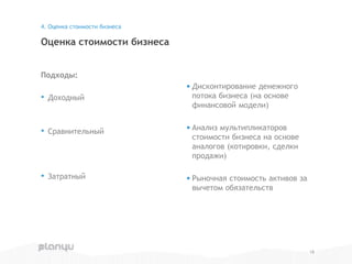 Подходы:
• Доходный
• Сравнительный
• Затратный
Оценка стоимости бизнеса
4. Оценка стоимости бизнеса
•Дисконтирование денежного
потока бизнеса (на основе
финансовой модели)
•Анализ мультипликаторов
стоимости бизнеса на основе
аналогов (котировки, сделки
продажи)
•Рыночная стоимость активов за
вычетом обязательств
18
 