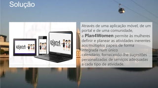Solução
Através de uma aplicação móvel, de um
portal e de uma comunidade,
a Plan4Women permite às mulheres
definir e planear as atividades inerentes
aos múltiplos papeis de forma
integrada num único
calendário, fornecendo-lhe sugestões
personalizadas de serviços adequadas
a cada tipo de atividade.
 