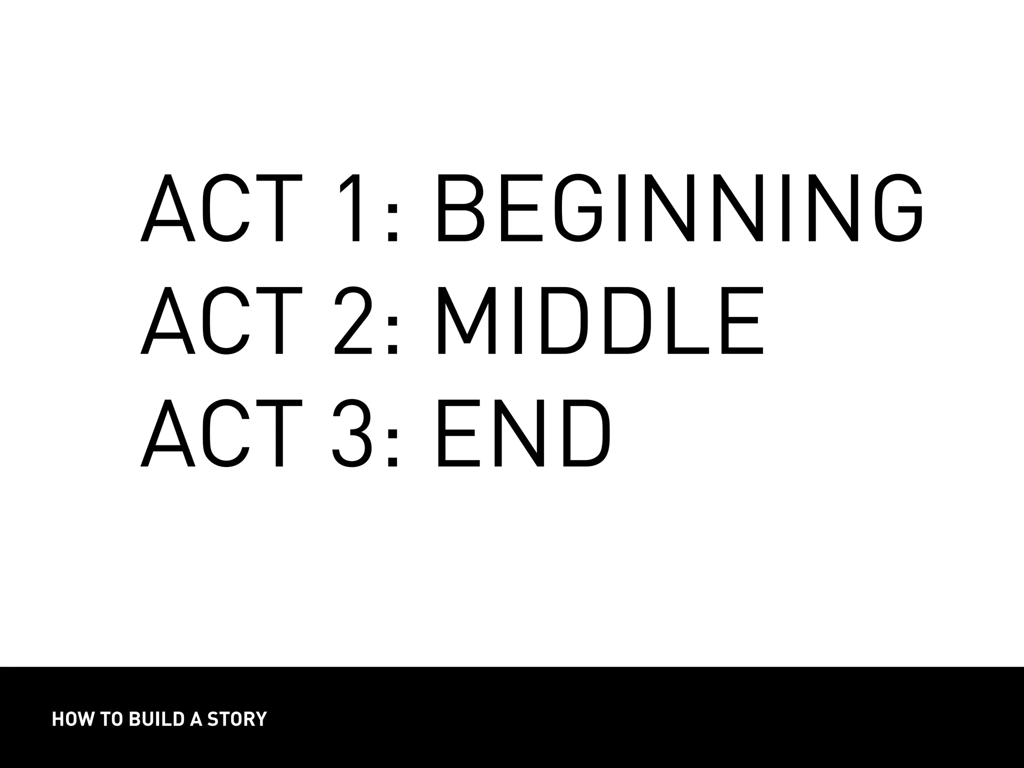 HOW TO BUILD A STORY
ACT 1: BEGINNING
ACT 2: MIDDLE
ACT 3: END
 