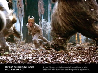 A mischievous boy is transported to an island of wild
creatures who make him their king—but is it paradise?
PREMISE: FUNDAMENTAL IDEA/S
THAT DRIVE THE PLOT
 