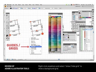 Right click anywhere and select “show / hide grid” to
show a background grid.
review of
adobe illustrator tools
guides /
grids
 