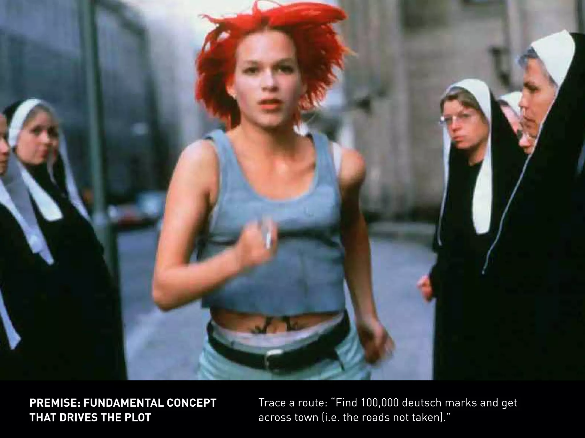 Trace a route: “Find 100,000 deutsch marks and get
across town (i.e. the roads not taken).”
premise: fundamental concept
that drives the plot
 