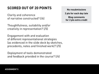 scored out of 20 points
Clarity and coherence
of narrative constructed? (/6)
Thoughtfulness, suitability and/or
creativity in representation? (/5)
Engagement with and evaluation
of different representational strategies
(as evidenced in the slide deck by sketches,
precedents, notes and finished work)? (/5)
Deployment of tools demonstrated
and feedback provided in the course? (/4)
assignment 5
No resubmissions
2 pts for each day late
Blog comments
for 2 pts extra credit
 