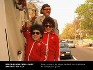 Pose a problem: “An outcast patriarch tries to win back
his family’s good graces.”
premise: fundamental concept
that drives the plot
 